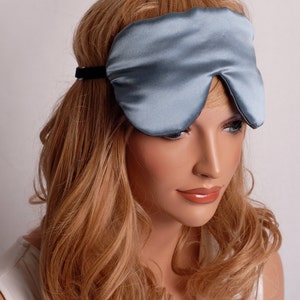 SILK Eye Mask Sleep Mask, Smoky Blue and Pewter Charmeuse, Fully Adjustable, Padded, Light Darkening for Sleep, Travel and Anti-Aging image 5