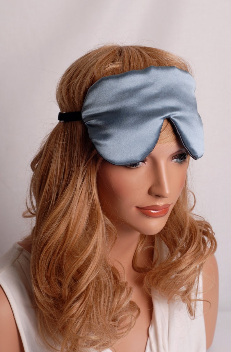 SILK Eye Mask Sleep Mask, Smoky Blue and Pewter Charmeuse, Fully Adjustable, Padded, Light Darkening for Sleep, Travel and Anti-Aging image 5