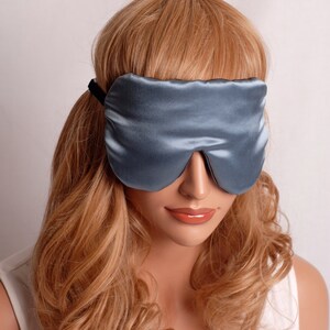 SILK Eye Mask Sleep Mask, Smoky Blue and Pewter Charmeuse, Fully Adjustable, Padded, Light Darkening for Sleep, Travel and Anti-Aging image 3