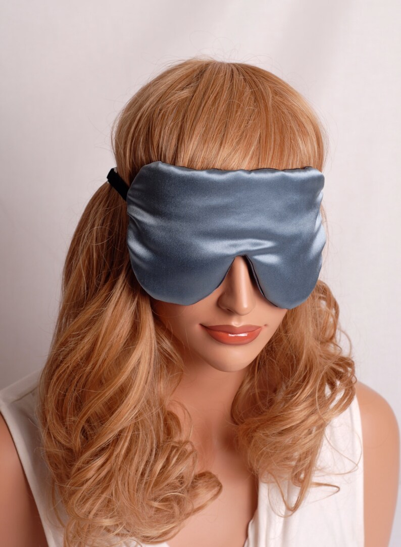 SILK Eye Mask Sleep Mask, Smoky Blue and Pewter Charmeuse, Fully Adjustable, Padded, Light Darkening for Sleep, Travel and Anti-Aging image 3