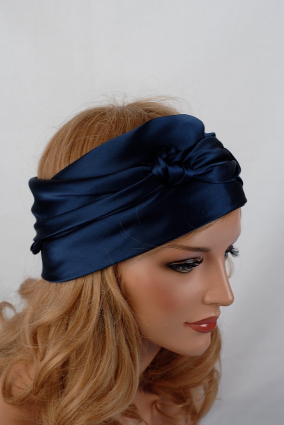 Elegant Navy Satin Headwrap Turban for Women Easy Tie Turban - Navy Blue – Indira de paris main image 3