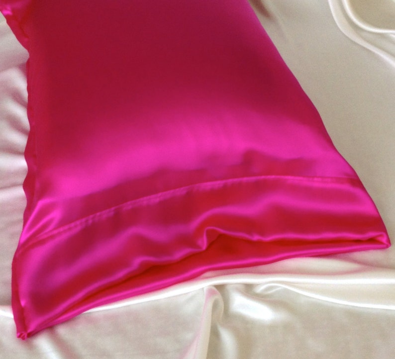 Mulberry Silk Pillowcase, Hot Pink Silk Charmeuse, Hypoallergenic Bedding for Sensitive Skin and Hair Care image 2