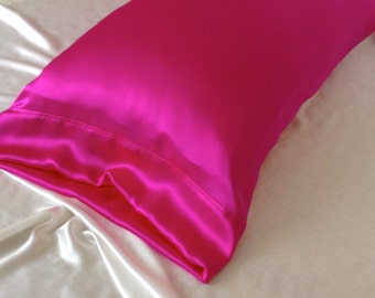 Mulberry Silk Pillowcase, Hot Pink Silk Charmeuse, Hypoallergenic Bedding for Sensitive Skin and Hair Care