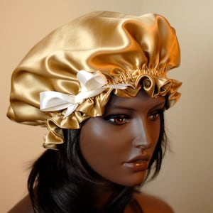 Silk Sleep Bonnet,   Gold Charmeuse, Fully Adjustable Bow Drawstring Attached to Gentle Elastic, Reversible Sleep Cap for Hair Care