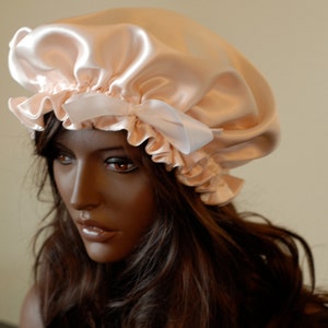 Silk Sleep Bonnet, Light Pink Charmeuse, Fully Adjustable Bow Drawstring Attached to Gentle Elastic, Reversible Sleep Cap for Hair Care