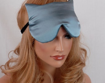 Silk Eye Mask Cat Sleep Mask, Smoky Blue & Pewter Charmeuse, Fully Adjustable, Padded, Light Darkening for Sleep, Travel and Anti-Aging