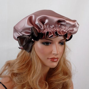100% Silk Sleep Bonnet, Wild Rose & Espresso Charmeuse, Fully Adjustable Bow Drawstring, Gentle Elastic, Reversible Sleep Cap for Hair Care