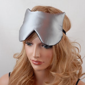 Silk Eye Mask Sleep Mask, Sterling & Black Charmeuse, Cat Shape, Fully Adjustable Straps, Light Blocking for Sleep and Anti-Aging