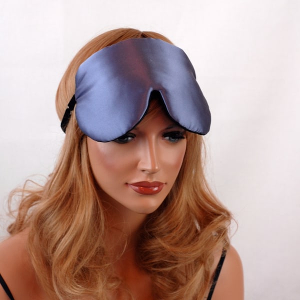 SILK Eye Mask Sleep Mask, Hyacinth & Black Charmeuse, Fully Adjustable, Padded and Darkening for Sleep, For Sensitive Eyes,  Anti-Aging