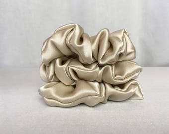 Pure Silk Hair Scrunchies, Set of 3, Nude, 19mm Silk Charmeuse, Small, Regular, and Large Sizes