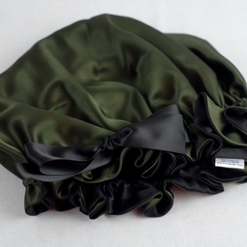 100% Pure Silk Sleep Bonnet, Pine & Black Charmeuse, Fully Adjustable, Reversible Sleep Cap for saving Natural Hair Care