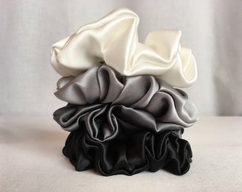 Pure Silk Hair Scrunchies, Set of 4, Gray Tones 19mm Silk Charmeuse, Small, Regular, and Large Sizes