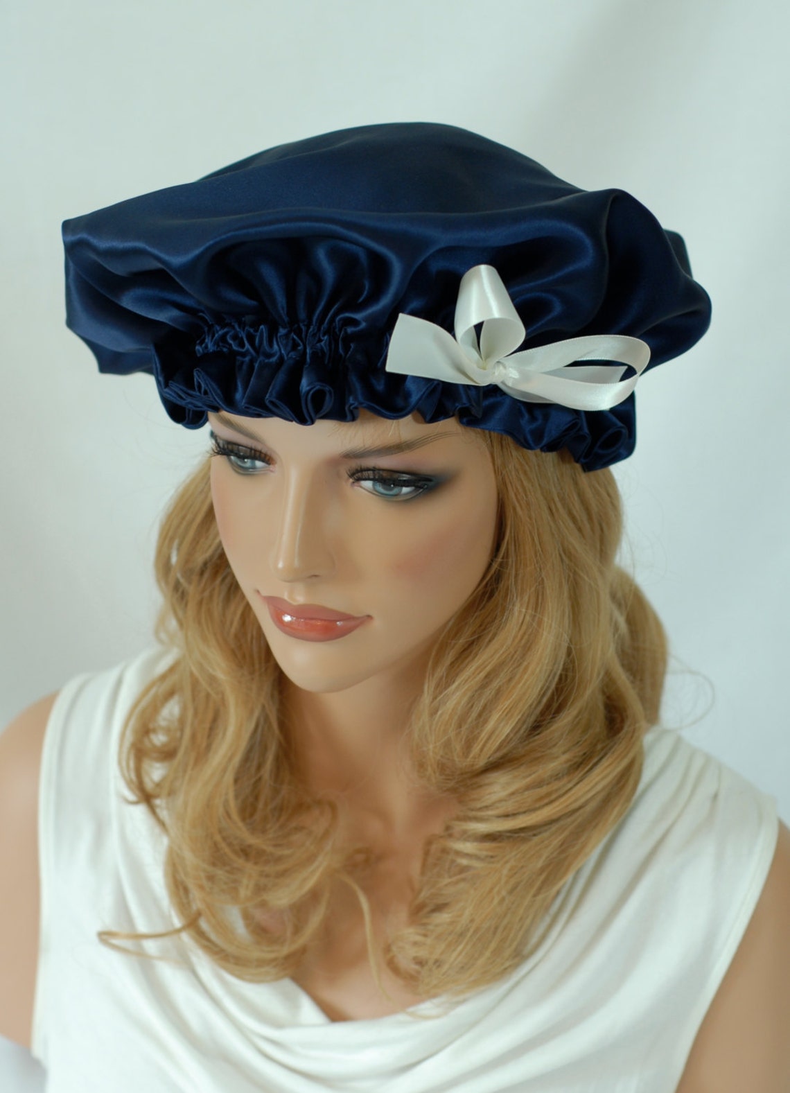 Silk Sleep Bonnet, Navy Blue Charmeuse, Fully Adjustable Bow Drawstring ...