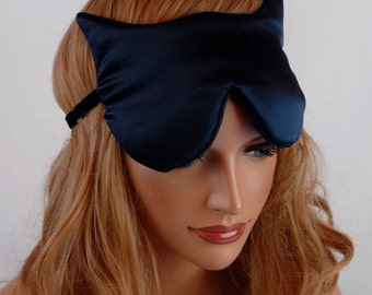 100% Silk Eye Mask Cat Sleep Mask, Navy Blue Charmeuse, Fully Adjustable, Padded, Light Darkening for Sleep, Travel and Anti-Aging