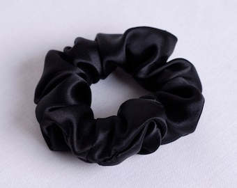 Pure Silk Hair Scrunchie, Black Charmeuse Scrunchy, Small, Regular, and Large Size Ponytail Holder