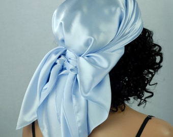 Seide Charmeuse Schal, Schlaf oder Bandana Schal Größen, hellblaue Maulbeerseide, Haar Wrap, Schals für Haarpflege und Mode