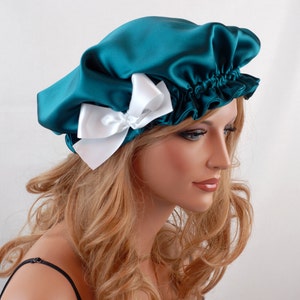 Silk Sleep Bonnet, Peacock Blue Charmeuse, Fully Adjustable, Reversible Sleep Cap for Hair Care