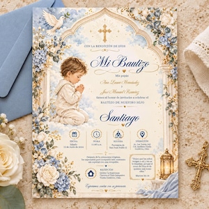 May include: A baptism invitation card featuring a kneeling child, a white dove, and floral borders in blue and cream. The text includes 'Mi Bautizo', 'Santiago', and event details like date, time, and location, framed by an archway design.