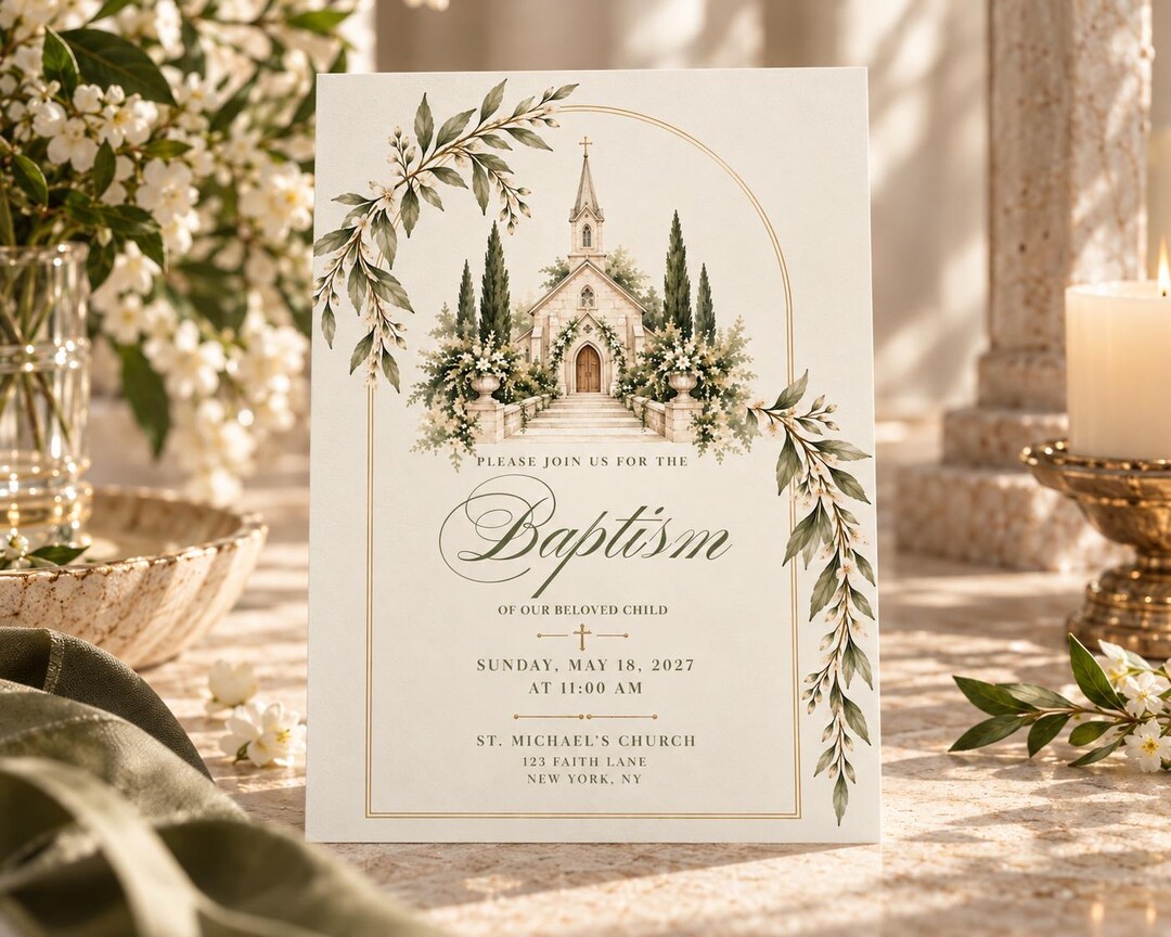 Sage Green Church Baptism Invitation, Elegant Floral Christening Invite ...