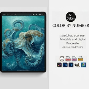 May include: A digital artwork of an octopus in shades of blue and brown displayed on a tablet. The artwork is labeled "Color by Number" and is 40 x 50 cm. The image also includes the text "50 Colors" and file type icons.