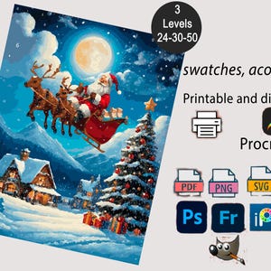 May include: A digital painting of Santa Claus in a red suit and hat, flying in a sleigh pulled by reindeer over a snowy landscape under a full moon. A Christmas tree and houses are also visible. The image includes the text "3 Levels 24-30-50".