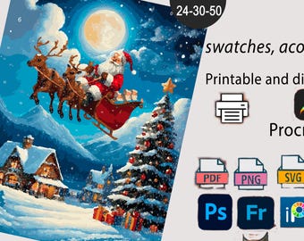 Christmas Santa Sleigh Paint by Number, Printable PBN, 24-30-50 Colors, Procreate + PDF + PNG Included.