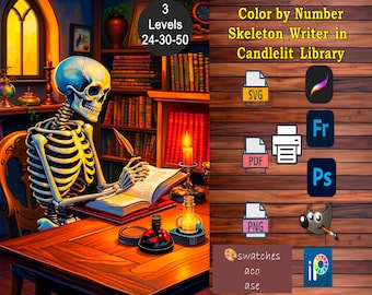Paint by Number, Skeleton Writer – Adult Coloring Page, Gothic Halloween Library, Procreate (Digital)
