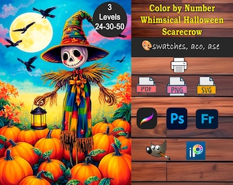 Paint by Number Kit – Halloween Scarecrow. Whimsical Fall Colors (PDF, PNG, SVG), Procreate