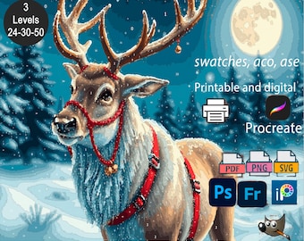 Reindeer Paint by Number Kit –24/30/50 Colors PBN Kit, Printable & Procreate, Christmas