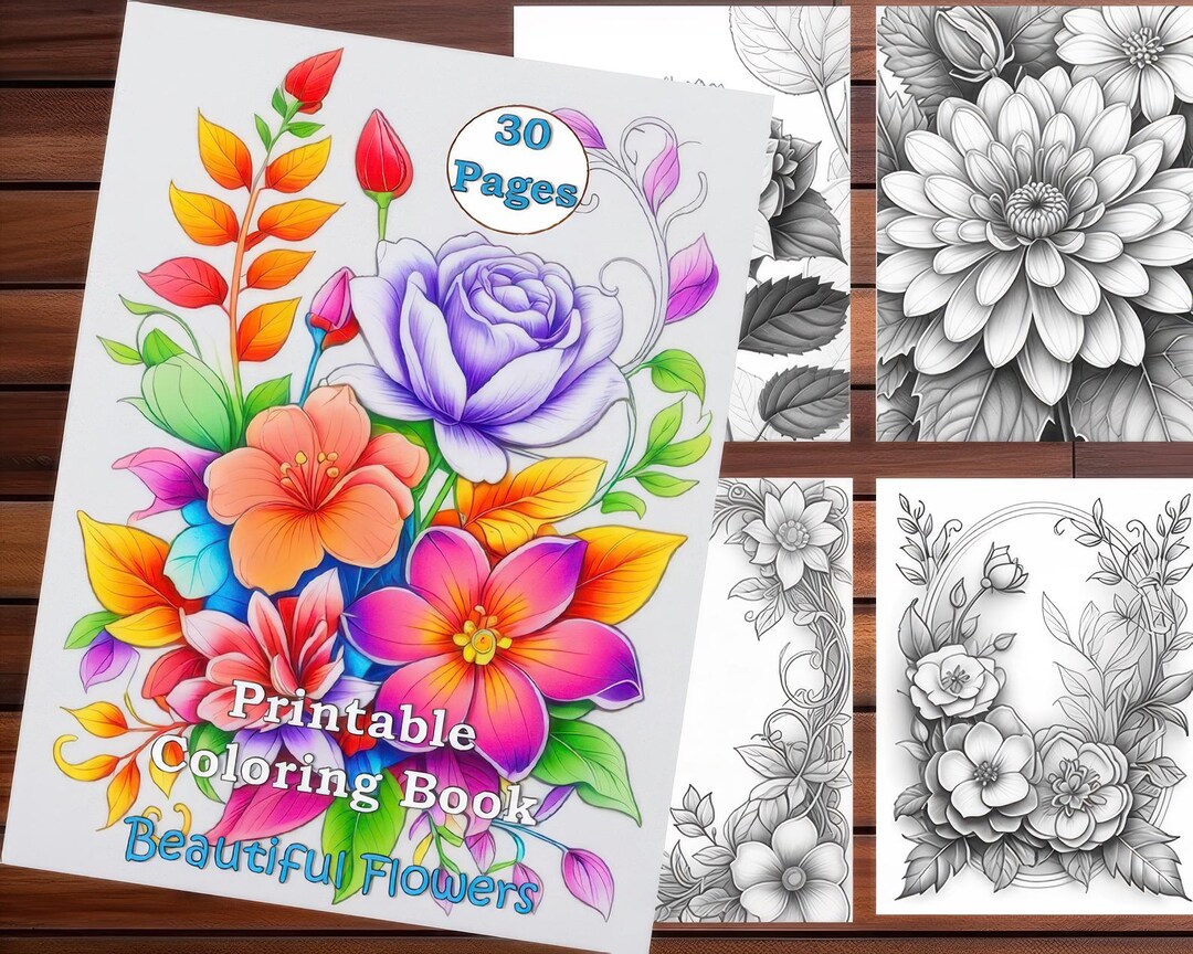 Flower Coloring Pages: 30 Printable Grayscale Designs (PDF) - Etsy