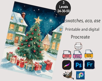 Christmas Tree Paint by Number | Printable PBN Kit | 24-30-50 Colors | Procreate + PDF + PNG Included