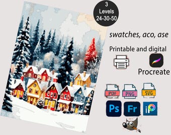 Christmas Winter Village Paint by Number –24/30/50 Colors PBN Kit, Printable & Procreate