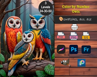 Paint by Number: 24-30-50 Color Owl Adult Coloring Pages (Digital Download), Procreate