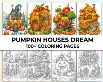Pumpkin House Coloring Pages for Adults, 100+ Whimsical Autumn Fall Coloring Book Digital Download, Halloween Instant Download, Printable