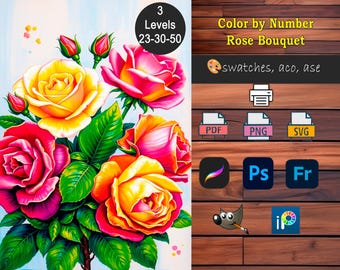 Paint By Number Kit: 23-30-50 Color Rose Bouquet, Adult Coloring Pages (Digital Download), Procreate