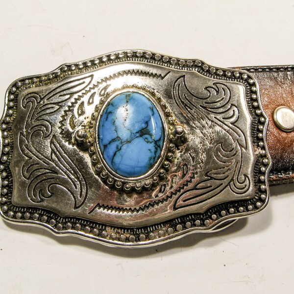 VINTAGE WESTERN BELT - W/ Turquois Buckle, and Tooled Leather Design, Large Man's Belt, Punched Holes To fit 39" to 44" Waist