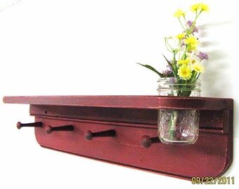 Primitive Wood Shelf with Peg Hooks and Jelly Jar Vase