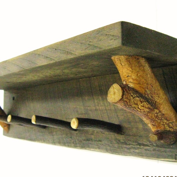 RUSTIC WALL SHELF, W/ twig peg hooks, Coat Rack, Hat Rack, Key Rack, Jewelry Rack, Shelf, Key Holder, Rustic, Mountain, Farmhouse Shelves