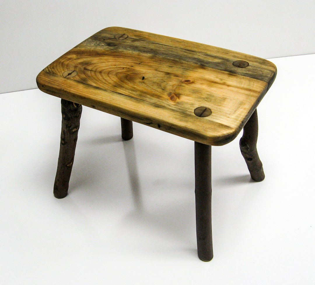 Reclaimed Wood Fireside Stool, Rustic Farmhouse Plant Stand With Twig ...