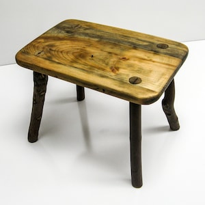 Reclaimed Wood Fireside Stool, Rustic Farmhouse Plant Stand with Twig Legs
