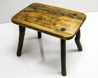 Reclaimed Wood Fireside Stool, Rustic Farmhouse Plant Stand with Twig Legs