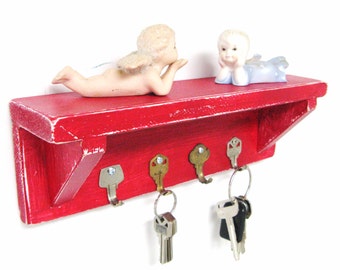 Shabby Chic Key Rack with Salvaged Key Hooks, Cottage Shelf