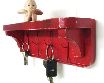 Reclaimed Wood Shelf with Vintage Hooks, Key & Jewelry Rack