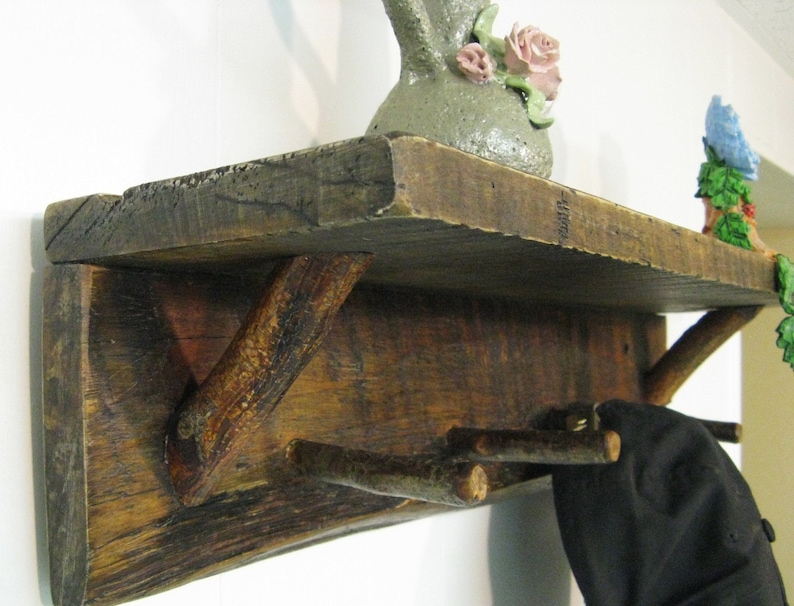 RUSTIC WALL SHELF W/ Twig Peg Hooks Coat Rack Hat Rack Key Etsy Ireland