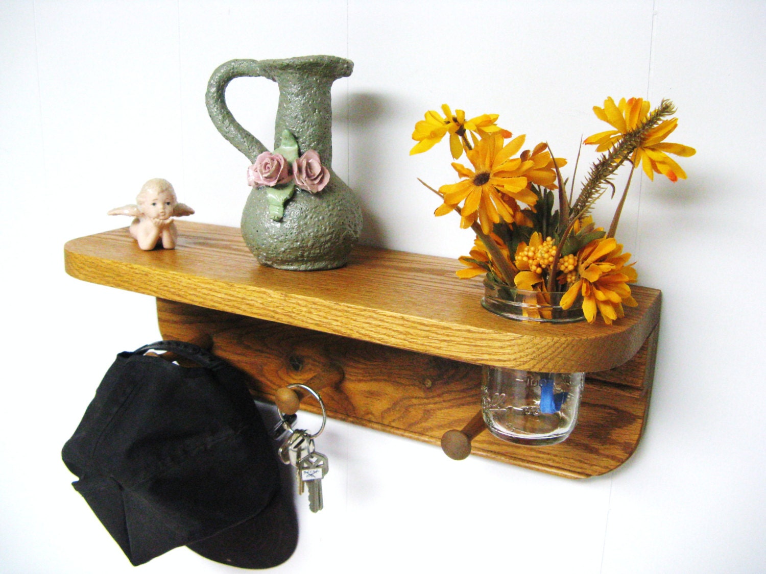 OAK WALL SHELF 18 Shelf w/ Jelly Jar Vase Wall Rack Etsy