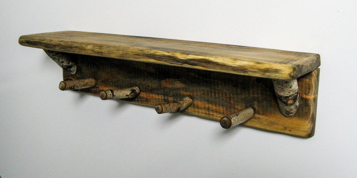 RUSTIC WALL SHELF 24 W/ 4 twig peg hooks Coat Rack Etsy