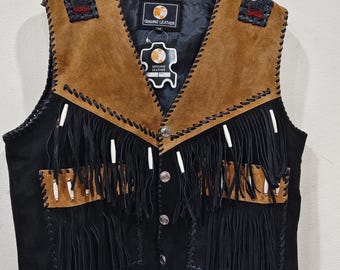 本革 スエード フリンジ レザーベスト 38 メキシコ製 ネイティブ ウエスタン メンズ ウエスタン スエードレザー フリンジベスト ネイティブビーズ