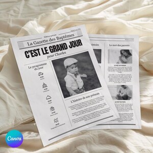 May include: Newspaper-style announcement for a baptism, featuring a black and white photo of a baby wearing a cap and bow tie. The headline reads "C'EST LE GRAND JOUR pour Charles". Additional text includes "Le programme du jour" and "L'histoire de son prénom".