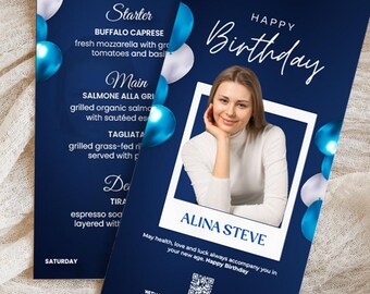 Birthday Dinner Menu Template, Elegant Digital Birthday Party Invite, Glam Girl Modern Editable Printable Brunch Bar Decor