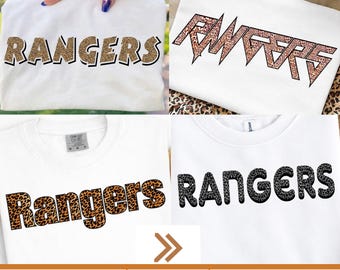 Rangers retro leopard typography, Preppy Mascot Png Trending Png, distressed School Spirit PNG School Mascot Go Team ( Pack of 4)